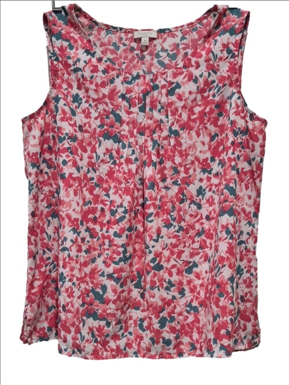 Talbots Floral Sleeveless Blouse Coral Teal Pleated Neck Size Sp